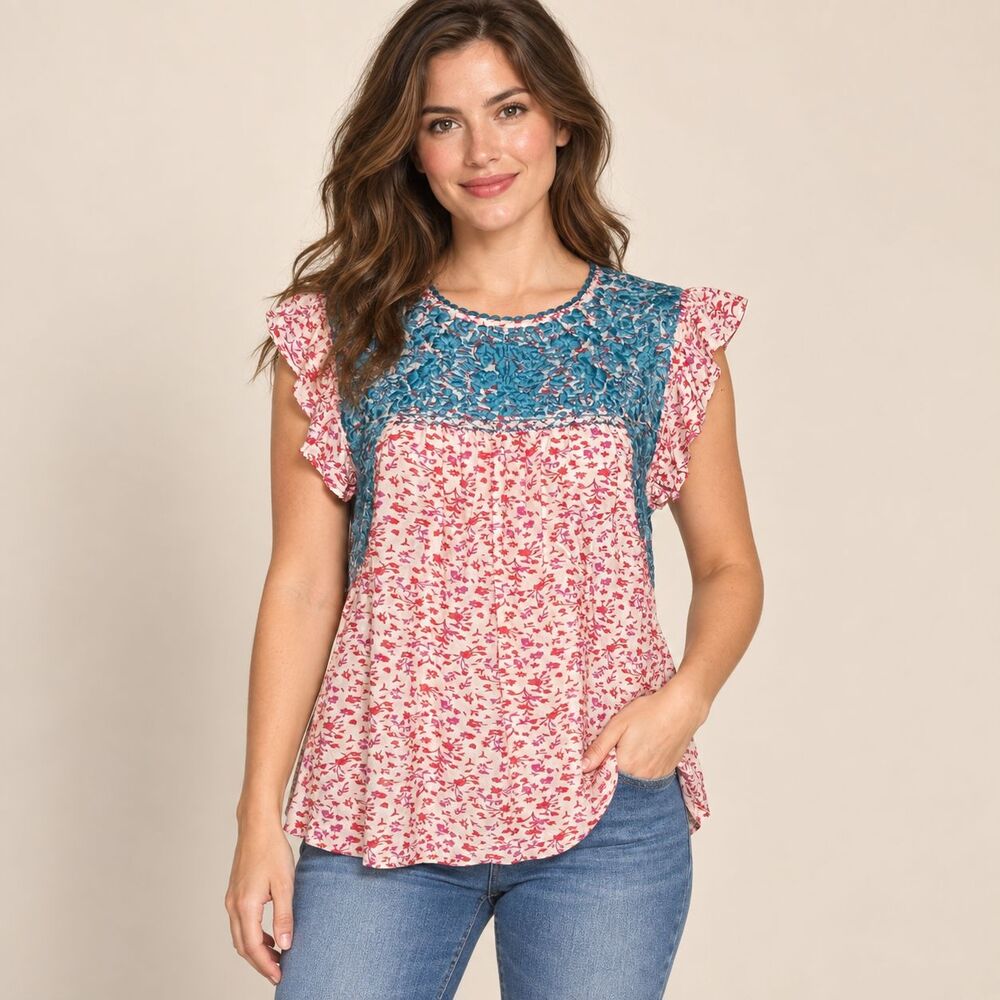 Sister Mary Embroidered Floral Blouse M Pink Teal Boho Flutter Sleeve
